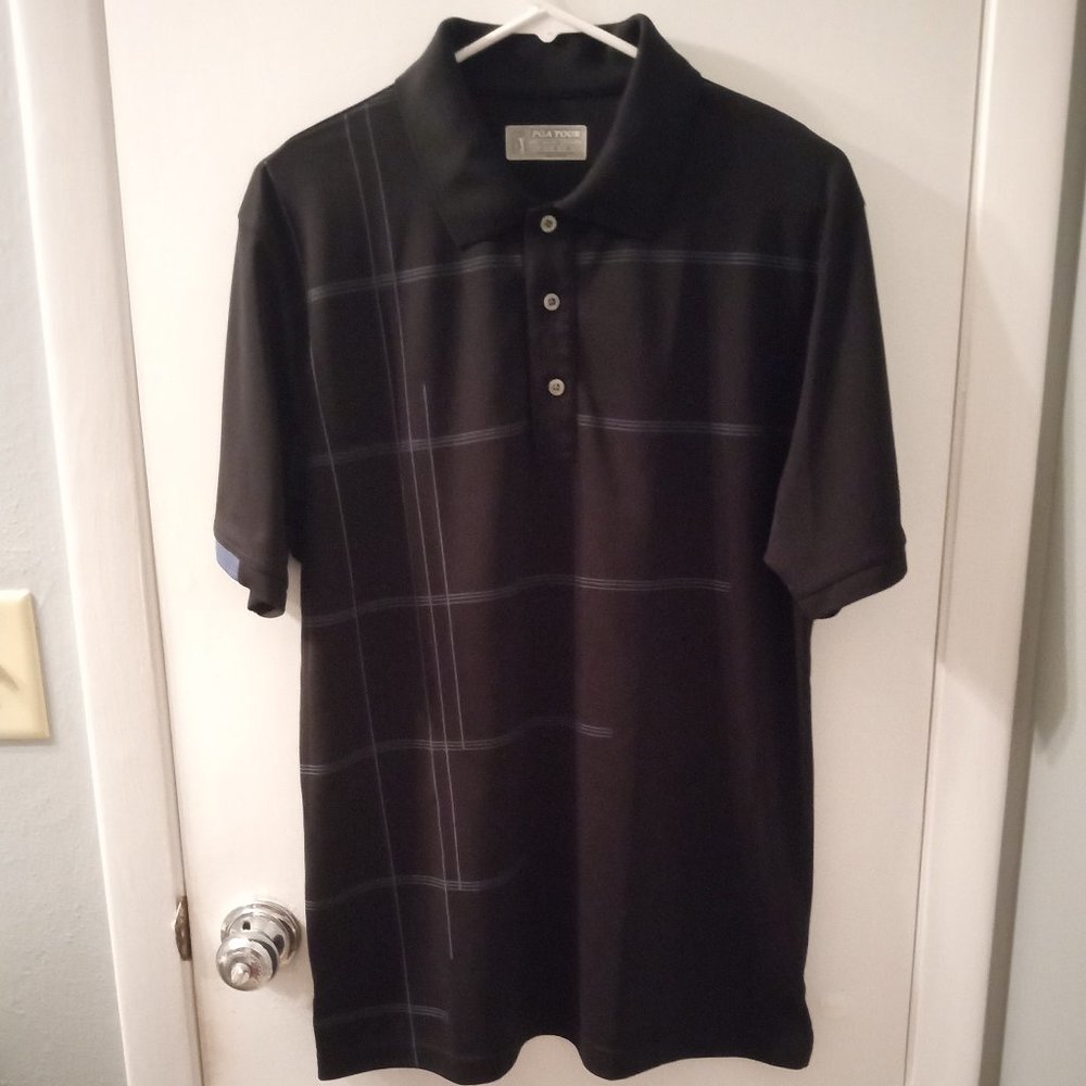 PGA TOUR MENS LARGE SHORT SLEEVE BLACK WITH BLUE AND MAROON STRIPES